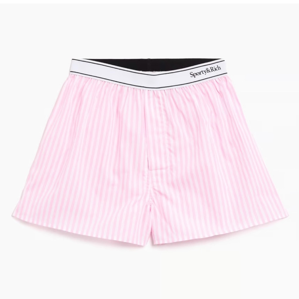 NWT Sporty & Rich Serif Logo Boxer Short in White/Pink Large Stripe